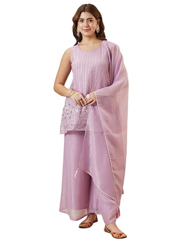 Image of MOKOSH Women's Silk Embroidery Kurta Sharara with Dupatta | Kurta Set | Embroidered |Ethnic Wear |Indian Kurta Outfit with Sharara | 3 Piece Outfit