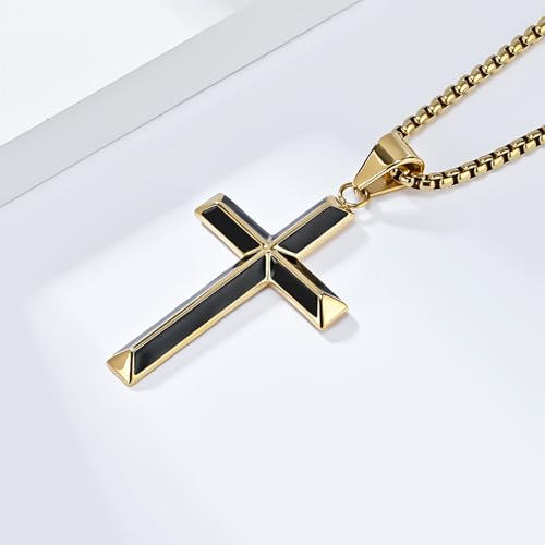 Cross Necklace for Men,Stainless Steel Black Gold Silver Jesus Christ Crucifix Pendant Necklaces Jewelry，60cm Rolo Chain3