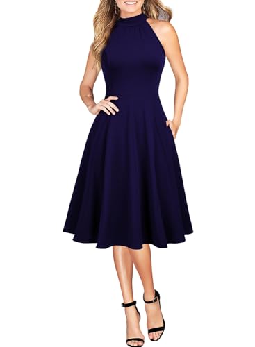 WOOSEA Womens Sleeveless Halter Neck Bodycon A-Line Cocktail Party Pockets Swing Dresses Navy Blue : Clothing, Shoes & Jewelry