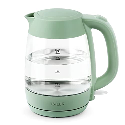Image of iSiLER 1500W Electric Kettle, 1.7 L Electric Tea Kettle with LED Indicator, Cordless Electric Glass Hot Water Boiler, Portable Teapot Heater Auto Shut-Off & Boil-Dry Protection BPA-Free Green