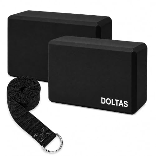 Image of DOLTAS High Density Foam Yoga Block Set of 2 with Yoga Strap - Non-Slip Lightweight Bricks for Improved Balance, Flexibility, Strength & Stability - Support for Pilates, Stretching & Meditation | Black