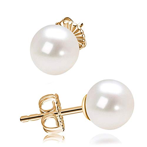 Statement Pearl Earrings, Gold Plated Faux Pearl Stud Earrings for Women Girls (10mm)