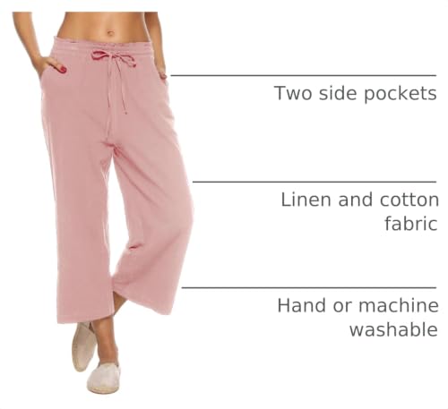 Image of LNX Womens Linen Capri Pants Wide Leg High Waisted Drawstring Casual Cropped Pants with Pockets