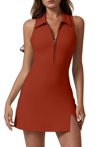 Image of QINSEN Womens Zip Front Tennis Dress Polo Collar Racer Back Workout Golf Dresses Build in Shorts with Pockets