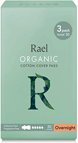 Rael Organic Cotton Sanitary Pads - Overnight Size, Heavy Absorbency, Unscented, Ultra Thin Pads for Women (30 Count)