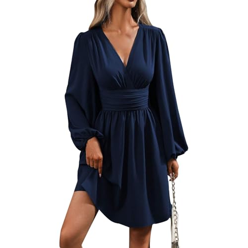 Mis Pedidos Vestido Lentejuelas Mujer Mangas Largo Cuello En V Vestidos De Coctel Slim Fit Midi Vestidos Primavera Y Verano Fiesta para Coctel Noche Marina de Guerra S