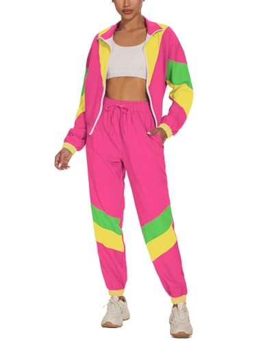 UOUA Women's Color Block 2 Piece 80s 90s Outfits Long Sleeve Windbreaker Jacket Tracksuit Set Pink L