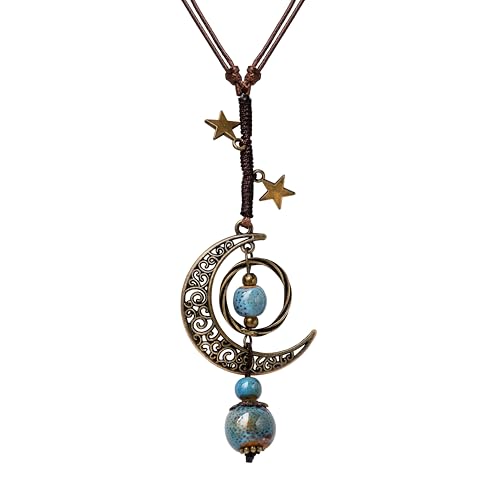 Hanary Collier vintage bohème hippie avec perles en céramique croissant de lune Lariat Cadeau pour femme, taille unique, Acier allié, Pas de gemme