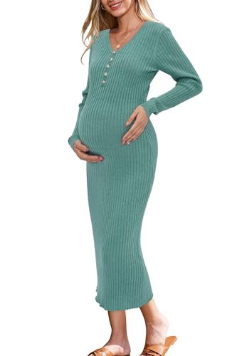 OUGES Wool Blend Knitted Maternity Dress for Photoshoot Midi Nursing Breastfeeding Clothes Pregnancy Jumpers-XL Green