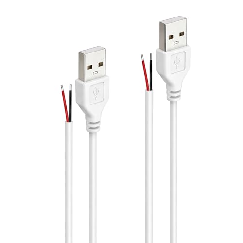24AWG USB 2.0 Male 2 Pin Bare Wire Pigtail Cable (White,3.28FT 2PACK)