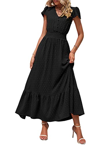 Image of PRETTYGARDEN Womens Dresses 2026 Summer Maxi Dress Boho Short Sleeve V Neck Swiss Dot Ruffle Tiered Smocked Flowy Long Dress