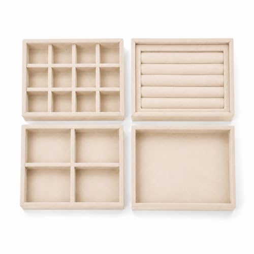 Image of La Trove Set of 4 Stackable Jewelry Organizer Trays for Drawer, Cream | Stackable set of 4 velvet trays for rings, earrings, necklaces, jhumkas and bangles, ideal for drawer jewelry storage