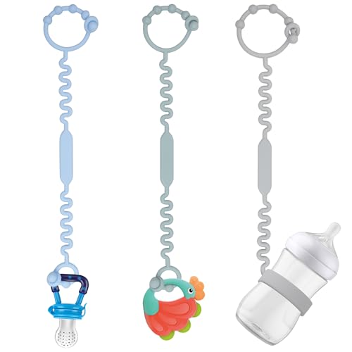 Image of Toy Straps, Pacifier Holder Clip with Self-Adjusting Bayonet, Pure Silicone Material Without BPA; Can Be Used for Teethers, Feeding Bottles, Toys, Baby Cribs, High Chairs(Blue-3ps)