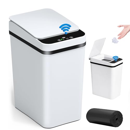 CHAMSUREUK Smart Touchless Bathroom Trash Can 10L Automatic Motion Sensor Rubbish Can with Lid Electric Waterproof Narrow Small Garbage Bin for Kitchen, Office, Toilet, Bedroom with 50pcs Trash bags