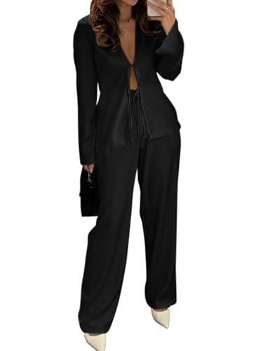 Womens Sexy Silk Satin 2 Piece Outfits Tie Front Long Sleeve Shirts and Pants Lounge Pajamas Sets Going Out Matching Set