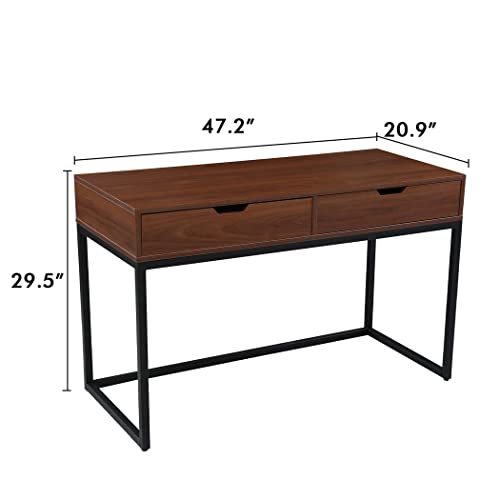 Bonzy Home Office Desk Computer Desk Table, Modern Simple 47 Inch Home Study Table Writing Desk Makeup Vanity Console Table Metal Frame With 2 Storage Drawers,Walnut #TOP1