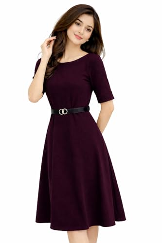 Image of Women's Elegant Midi Dress with Belt | Half Sleeve Fit & Flare Casual Dress | Knee Length Office Party Western Dress for Women