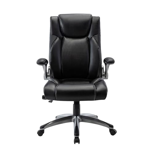 Image of COLAMY Ergonomic Office Chair, High Back Leather Desk Chair with Adjustable Lumbar Knob, Thick Cushion Seat, Flip-up Armrests, Rocking Function, Computer Chair for Home Office, Black