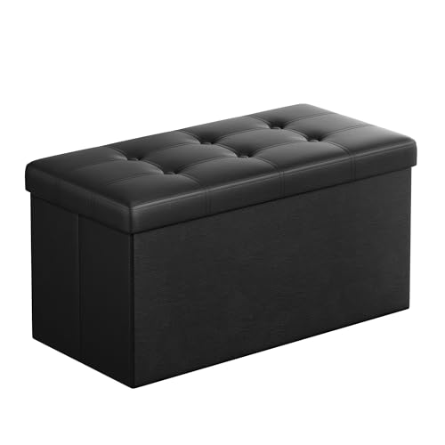 Image of SONGMICS MAZIE Collection - 30 Inches Folding Storage Ottoman Bench, Ottoman with Storage, Foot Rest Stool, Load 660 lb, for Living Room, Synthetic Leather, Black ULSF105