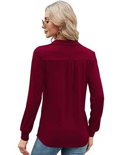 AKEWEI Womens Polo Shirts Long Sleeve Tunic Tops Loose Casual V Neck Collared Blouse with Pocket Wine Red S