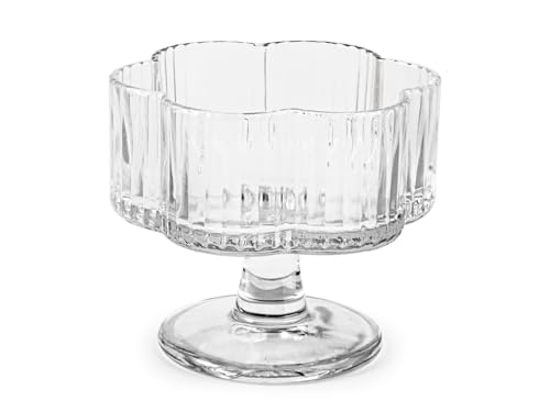 H&H, Set 6 coppe, coppe gelato, dessert, con piede, in vetro trasparente, a forma di fiore, 310 cc