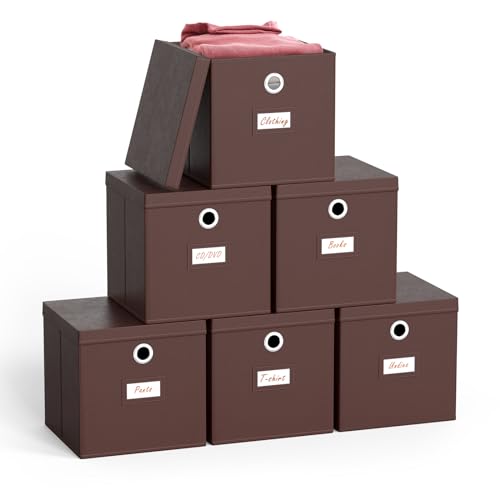 Pezin & Hulin 6 Pack Foldable Storage Cubes with Lid and Metal Eyelet Handle, Fabric Storage Bins 11 x 11 x 11 inch, Collapsible Basket Box Container, Cloth Organizer for Shelves, Closet, (Brown)