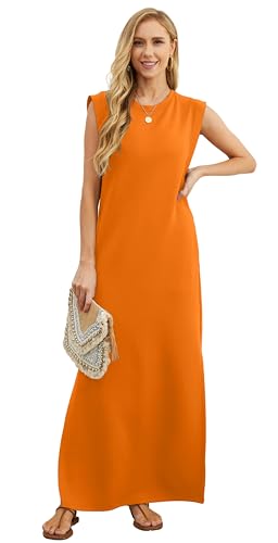 Image of GRECERELLE 2026 Women Year-Round Casual Round Neck Loose Split Wrinkle-Free Long Maxi Vacation Dress with Pockets (XXS-4XL)