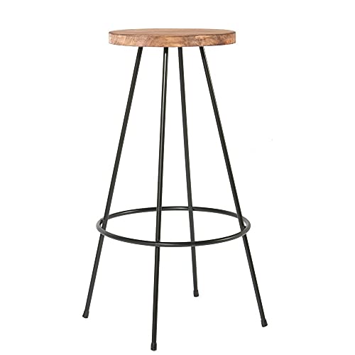 Addecor Taburete Alto de Color Negro y Madera | Estructura de Hierro Acerado de 20 x 1,5 cm | 75 x 40 x 40 cm | Modelo Indiana | Taburete de Madera con Reposapiés Elegante, Robusto y Fuerte