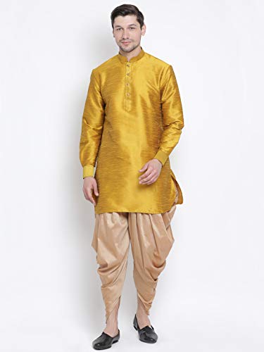 Image of VASTRAMAY VM Mens Silk Blend Mustard Kurta - Elegance for Festivals & Events | Curved Shape Pathani Style Men Silk with slight Cotton mix, Mid Length Kurta | Classic Design, Premium Comfort