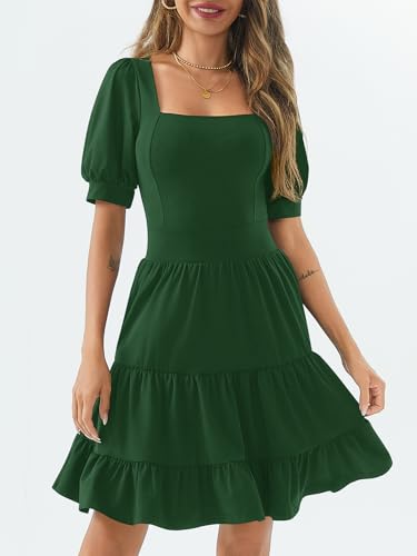 Image of Women's Square Neck A-Line Summer Dress Puff Sleeve Flared Swing High Waist Smocked Flowy Midi Casual Dress for Office /Party Green