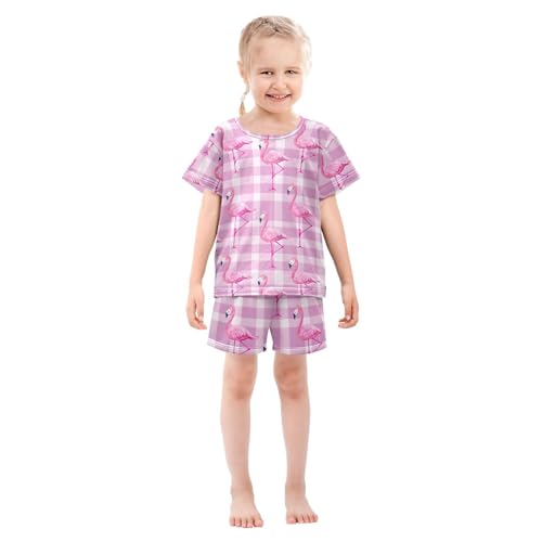 ALAZA Flamingo on Plaid Pajamas Short Sleeve 2 Piece Sleepwear Top and Bottom Pajama Set Unisex3