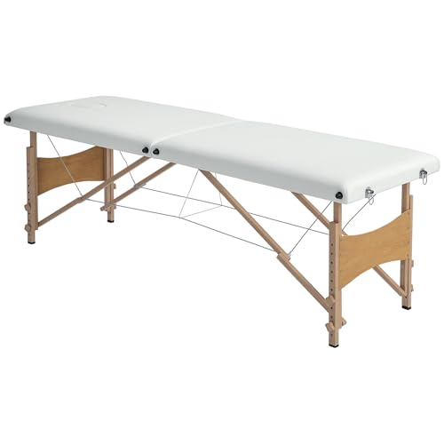 HOMCOM Camilla de Masaje Plegable Mesa de Masaje Portátil con Reposacabezas Marco de Madera Camilla Fisioterapia con Altura Regulable y Bolsa de Transporte 186x60x58-81 cm Crema