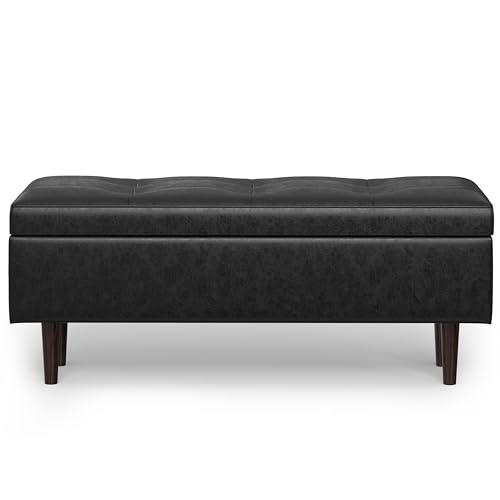 SIMPLIHOME Shay 48 inch Wide Mid Century Modern Rectangular Storage Ottoman in Distressed Black Vegan Faux Leather, Assembled, for The Living Room, Entryway and Family Room