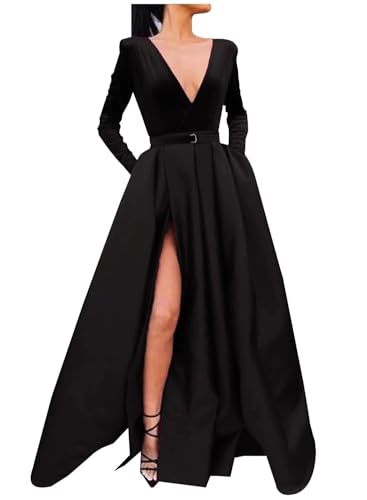 Yuxin Women's V-Neck Velvet Satin Prom Evening Dresses Slit Long Sleeve Formal Gowns with Pockets