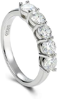 Moissanite 5-Stone Half Eternity Band 925 Sterling Silver Ladies Wedding Band D Color VVS1 Clarity Brilliant Round Cut Lab Created Diamond Rings 18K White Gold Engagement Anniversary Ring for Women