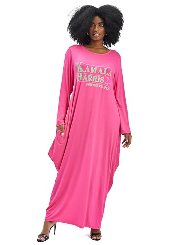 Women's Kamala Harris Dress Plus Size Maxi Dress, 2-Side Pockets & Long Sleeves Dress (US, Alpha, One Size, Plus, Regular, Fuchsia)