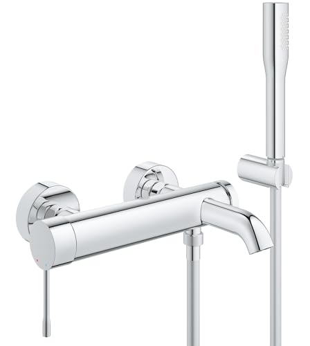 Image of GROHE Essence Wall-Mounted Bath Tap with Shower Set (35 mm Ceramic Cartridge, Automatic Diverter: Bath, Stick Hand 1 Spray, Hose 1.5 m, Wall Holder), Chrome, 33628001