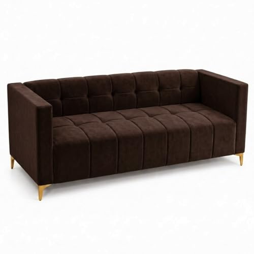 Image of FURNY Styliving 4 Seater L Shape Sofa Set with Movable Ottoman & Golden Legs | Flexible Left or Right Layout | Plush Velvet Fabric (Dark Brown) | Perfect for Living Room, Guest Room & Office