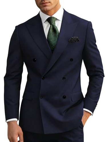 Wangyue Mens Suit Classic Fit 2 Piece Navy Blue Double Breasted Suits for Men Wedding Navy Double Breasted Blazer Formal Business Groom Prom Tuxedo Blazer Pants Sets XXL