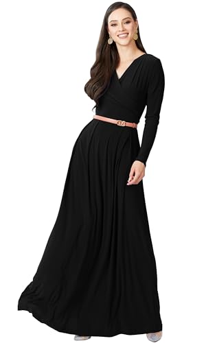 KOH KOH Womens Long V-Neck Full Sleeve Semi Formal Flowy Evening Cute Maxi Dress