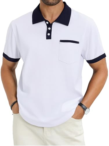 Image of Men's Casual Polo Shirts Summer Short Sleeve Contrast Collar Buttoned Tee Polo Shirt with Pocket