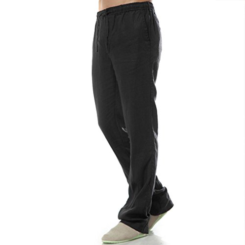 Mens Casual 100% Linen Pants, Loose Fit Drawstring Elastic Waist Lightweight Summer Beach Yoga Trousers2