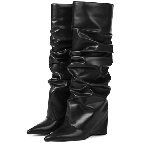 Image of Oiamenne Women's Fold Over Boots Slouch Wide Calf Knee High Boots | 3.15 inch Wedge Heel, Pointed Toe Tall Boots, Pull-on, Faux Leather Boots for Party Daily Wear