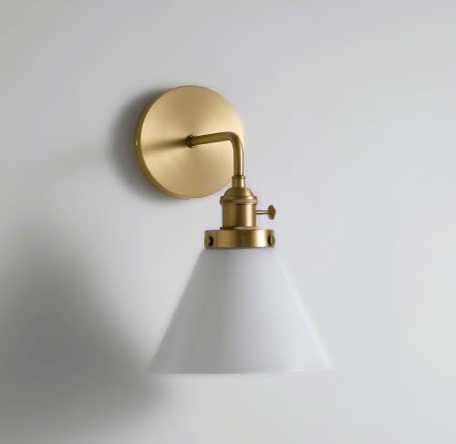 Image of Vintage Brass Gold Finish Wall Sconce with Milk Glass Shade for Bathroom, Kitchen & Bedroom Lighting (Bulb Included)