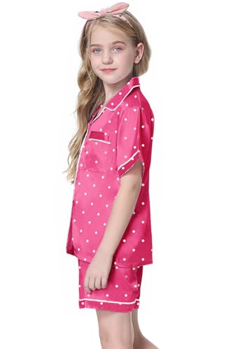 Image of Schbbbta Girls Womens Pajamas, Satin Silky Pjs Set Kids 2Pcs Button-Down Nightwear Sleepwear Gift for Mommy and me