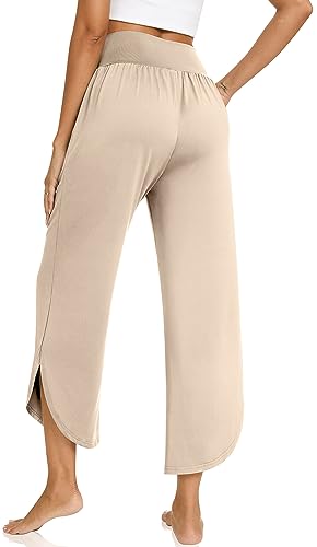 Image of TARSE Women's Wide Leg Yoga Pants Cross High Waist Flowy Split with Pockets | Comfy Lightweight Stretch, Flare Hem Cropped, Loose Dance Pants, Travel & Lounge, Everyday Casual Wear
