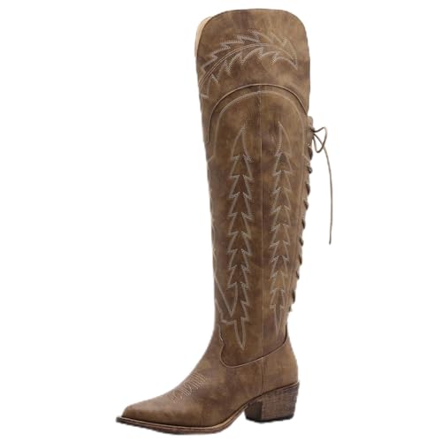 Image of GLOBALWIN Women's Cowboy Western Fashion Over The Knee Thigh High Cowgirl Boots Low Heel