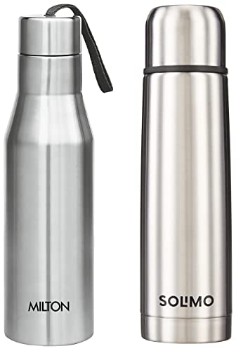 Image of MILTON Thermosteel Plain Lid Flask, 500 ml, Stainless Steel Plain & Milton Super 1000 Single Wall Stainless Steel Bottle, 1000 ml, Silver