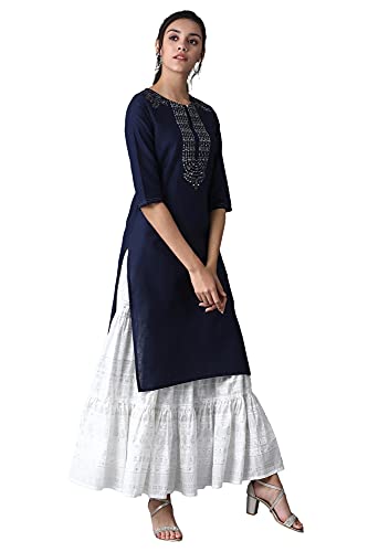 Image of W for Woman Women's Cotton Blend Relaxed Fit Casual Solid Modern Kurta with Embroidery On Yoke