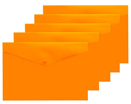eco-eco A4+ 50% Recycled Transparent Press Stud Popper Wallet, Plastic Folders (Pack of 5), Orange, eco035ORANGE